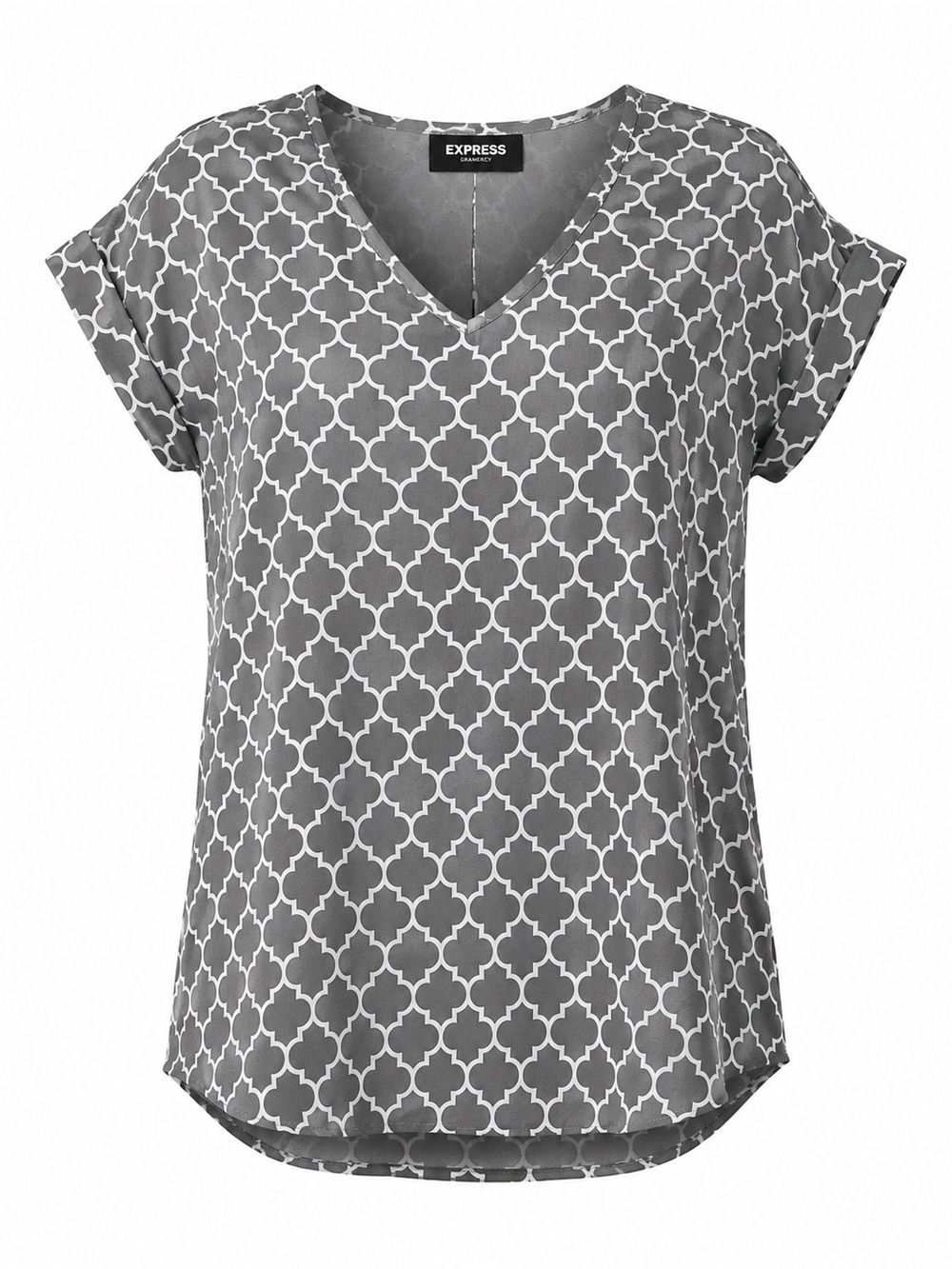 EXPRESS Women's Gray Quatrefoil V-Neck Gramercy Blouse, Size S